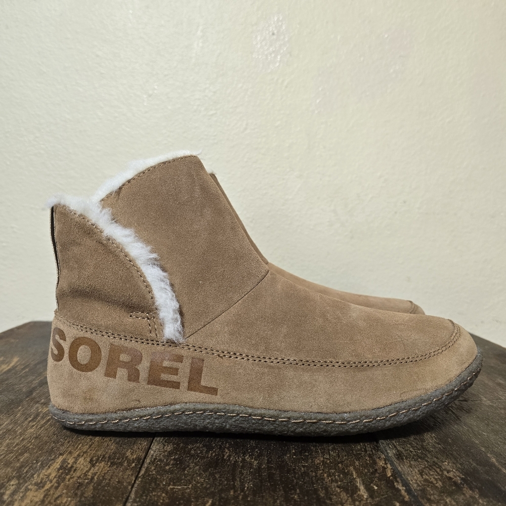 SOREL Nakiska Womens Suede Bootie Slippers Faux Fur Shearling Brown Size 11